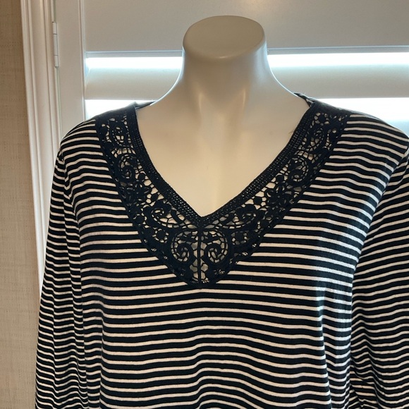 Chaps Black and White Striped Blouse with Lace Neckline - Picture 2 of 7